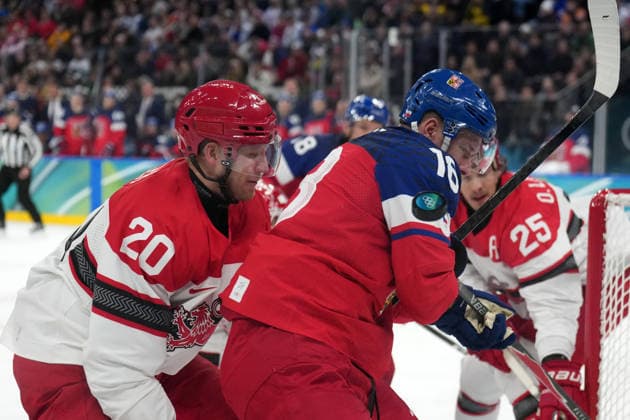 Milano Cortina 2026, Milan, Italy, 17.02, 2026, MiCo2026, MiCo, 2026, Olympics, Olympic, Winter Olympic, Olympic Winter games, Winterspiele,Spiele, Summer games Ice hockey, Eishockey Ondrej Palat of Czechia and Lars Eller of Denmark in action during play off ice hockey game between Czech Republic and Denmark Milano Cortina 2026 Olympic Winter Games in Milan, Italy, 17.02.2026. Photo: Roman Koksarov (RKF) Milan Italy Copyright: xRomanxKoksarovx DSC02425.JPG