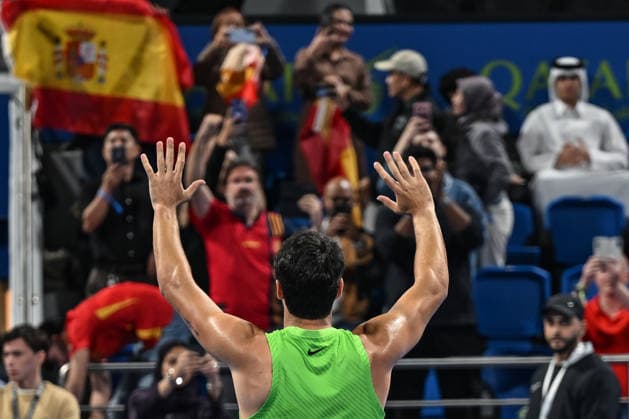 Qatar TotalEnergies Open 2026 - Day Two DOHA, QATAR FEBRUARY 17: Carlos Alcaraz of Spain celebrates after he wins against Arthur Rinderknech of France during a Round One singles match at the Qatar ExxonMobil Open at the Khalifa International Tennis and Squash Complex on February 17, 2026 in Doha, Qatar. Doha Qatar  Copyright: xArturxWidakx originalFilename:widak-qatarexx260217_npDIb.jpg