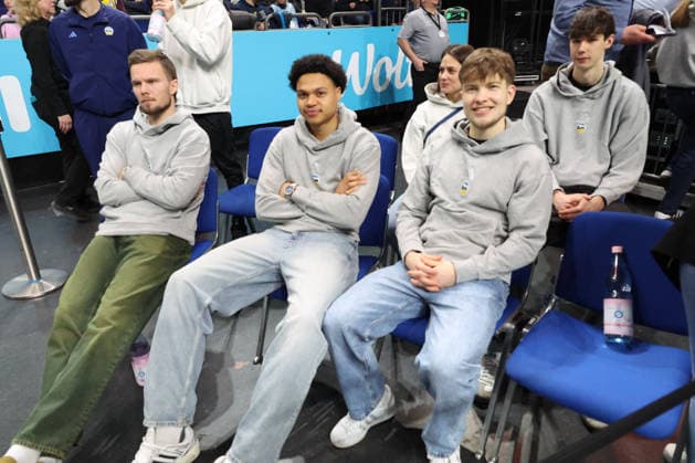DEU, easyCredit BBL, ALBA vs Hamburg, 17 02 2026, Uber Arena, Berlin, DEU, easyCredit BBL, ALBA vs Hamburg, in the picture ALBA players, Martin Hermannsson ALBA Berlin 15 , Jack Kayil ALBA Berlin 7 , Bennet Hundt ALBA Berlin 33 nordphotoxGmbHx xEngler nph00076