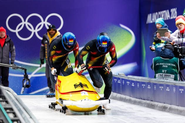 OLYMPICS - Winter Olympic Games, Olympische Spiele, Olympia, OS Milano Cortina 2026 CORTINA D AMPEZZO,ITALY,17.FEB.26 - OLYMPICS, BOBSLEIGH - Winter Olympic Games Milano Cortina 2026, 2-man, men. Image shows Johannes Lochner and Georg Fleischhauer (GER).  GEPAxpictures xMaticxKlansek
