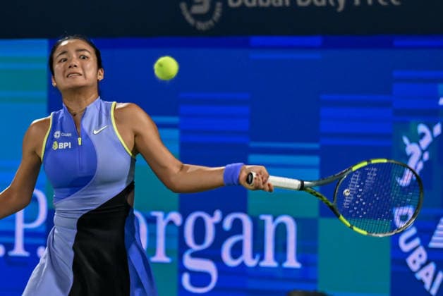2026 Dubai Duty Free Tennis Championship DUBAI, UNITED ARAB EMIRATES - FEBRUARY 17: Alexandra Eala of Philippines in action against Jasmine Paolini (not seen) of Italy during the women s singles match of the Dubai Duty Free Tennis Championships at Abu Dhabi International Tennis Centre in Dubai, United Arab Emirates, on February 17, 2026. Waleed Zein Anadolu Dubai United Arab Emirates. Editorial use only. Please get in touch for any other usage.  Copyright: x2026xAnadoluxWaleedxZeinx