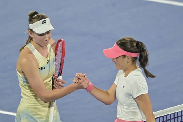 2026 Dubai Duty Free Tennis Championships DUBAI, UAE - FEBRUARY 17: Elena Rybakina (L) of Kazakhstan competes against Kimberly Birrell of Australia during the 2026 Dubai Duty Free Tennis Championships last 16 match between Elena Rybakina and Kimberly Birrell at Dubai Duty Free Tennis Stadium in Dubai, United Arab Emirates on February 17, 2026. Waleed Zein Anadolu Dubai United Arab Emirates. Editorial use only. Please get in touch for any other usage.  Copyright: x2026xAnadoluxWaleedxZeinx