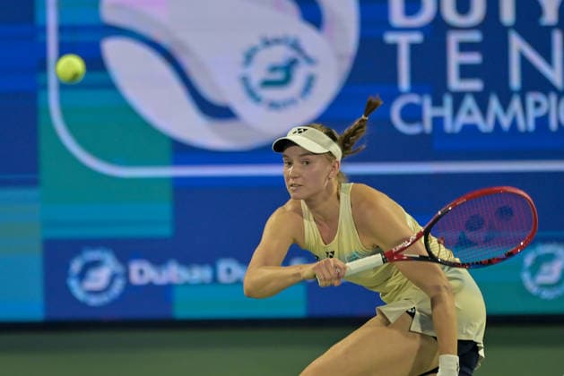 2026 Dubai Duty Free Tennis Championships DUBAI, UAE - FEBRUARY 17: Elena Rybakina of Kazakhstan competes against Kimberly Birrell (not seen) of Australia during the 2026 Dubai Duty Free Tennis Championships last 16 match between Elena Rybakina and Kimberly Birrell at Dubai Duty Free Tennis Stadium in Dubai, United Arab Emirates on February 17, 2026. Waleed Zein Anadolu Dubai United Arab Emirates. Editorial use only. Please get in touch for any other usage.  Copyright: x2026xAnadoluxWaleedxZeinx