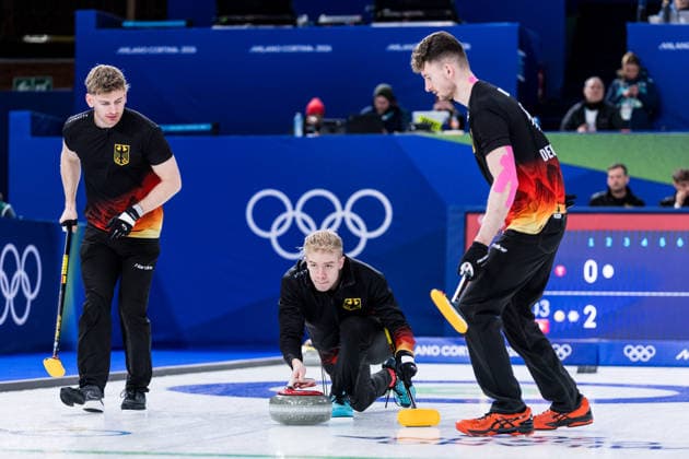 CORTINA, ITALY - FEBRUARY 17: Johannes Scheuerl (Germany), Felix Messenzehl (Germany), Benjamin Kapp (Germany) during the Curling Men Germany vs Switzerland - Round Robin Session 10 at the Milano Cortina 2026 Olympics at Cortina Curling Olympic Stadium on day 11 of the Milano Cortina 2026 Olympics on February 17, 2026 in Cortina, Italy. Editorial use only. Italy Copyright: xSteffiexWunderlx