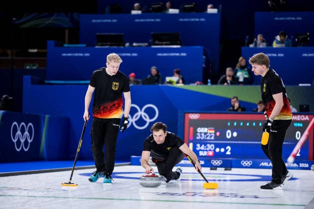 CORTINA, ITALY - FEBRUARY 17: Felix Messenzehl (Germany), Marc Muskatewitz (Germany), Johannes Scheuerl (Germany) during the Curling Men Germany vs Switzerland - Round Robin Session 10 at the Milano Cortina 2026 Olympics at Cortina Curling Olympic Stadium on day 11 of the Milano Cortina 2026 Olympics on February 17, 2026 in Cortina, Italy. Editorial use only. Italy Copyright: xSteffiexWunderlx