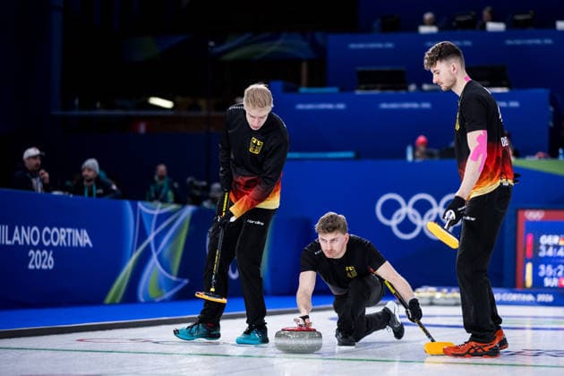 CORTINA, ITALY - FEBRUARY 17: Felix Messenzehl (Germany), Johannes Scheuerl (Germany), Benjamin Kapp (Germany) during the Curling Men Germany vs Switzerland - Round Robin Session 10 at the Milano Cortina 2026 Olympics at Cortina Curling Olympic Stadium on day 11 of the Milano Cortina 2026 Olympics on February 17, 2026 in Cortina, Italy. Editorial use only. Italy Copyright: xSteffiexWunderlx