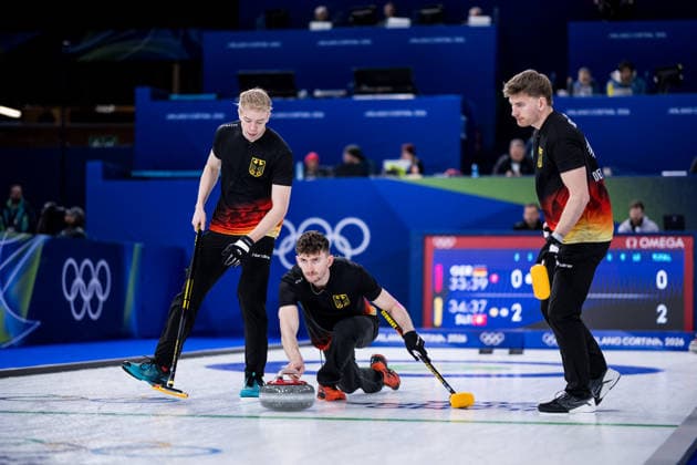 CORTINA, ITALY - FEBRUARY 17: Felix Messenzehl (Germany), Benjamin Kapp (Germany), Johannes Scheuerl (Germany) during the Curling Men Germany vs Switzerland - Round Robin Session 10 at the Milano Cortina 2026 Olympics at Cortina Curling Olympic Stadium on day 11 of the Milano Cortina 2026 Olympics on February 17, 2026 in Cortina, Italy. Editorial use only. Italy Copyright: xSteffiexWunderlx