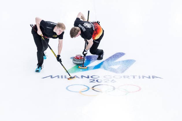 CORTINA, ITALY - FEBRUARY 17: Felix Messenzehl (Germany), Johannes Scheuerl (Germany) during the Curling Men Germany vs Switzerland - Round Robin Session 10 at the Milano Cortina 2026 Olympics at Cortina Curling Olympic Stadium on day 11 of the Milano Cortina 2026 Olympics on February 17, 2026 in Cortina, Italy. Editorial use only. Italy Copyright: xSteffiexWunderlx