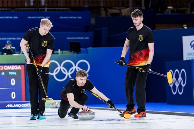 CORTINA, ITALY - FEBRUARY 17: Felix Messenzehl (Germany), Johannes Scheuerl (Germany), Felix Messenzehl (Germany) during the Curling Men Germany vs Switzerland - Round Robin Session 10 at the Milano Cortina 2026 Olympics at Cortina Curling Olympic Stadium on day 11 of the Milano Cortina 2026 Olympics on February 17, 2026 in Cortina, Italy. Editorial use only. Italy Copyright: xSteffiexWunderlx