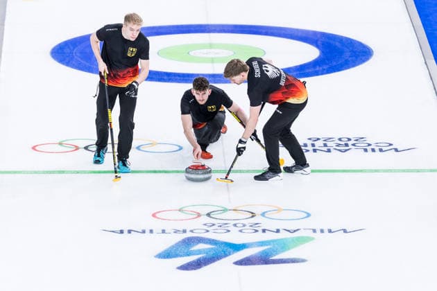 CORTINA, ITALY - FEBRUARY 17: Felix Messenzehl (Germany), Benjamin Kapp (Germany), Johannes Scheuerl (Germany) during the Curling Men Germany vs Switzerland - Round Robin Session 10 at the Milano Cortina 2026 Olympics at Cortina Curling Olympic Stadium on day 11 of the Milano Cortina 2026 Olympics on February 17, 2026 in Cortina, Italy. Editorial use only. Italy Copyright: xSteffiexWunderlx