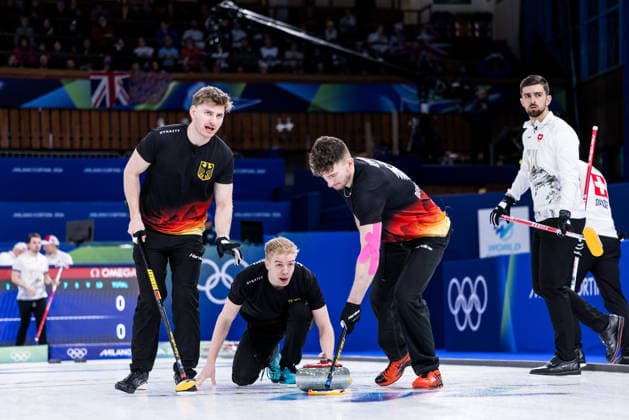 CORTINA, ITALY - FEBRUARY 17: Johannes Scheuerl (Germany), Felix Messenzehl (Germany), Benjamin Kapp (Germany) during the Curling Men Germany vs Switzerland - Round Robin Session 10 at the Milano Cortina 2026 Olympics at Cortina Curling Olympic Stadium on day 11 of the Milano Cortina 2026 Olympics on February 17, 2026 in Cortina, Italy. Editorial use only. Italy Copyright: xSteffiexWunderlx