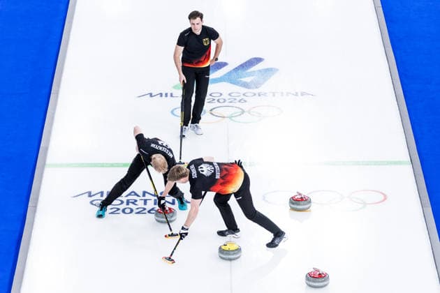 CORTINA, ITALY - FEBRUARY 17: Felix Messenzehl (Germany), Johannes Scheuerl (Germany), Marc Muskatewitz (Germany) during the Curling Men Germany vs Switzerland - Round Robin Session 10 at the Milano Cortina 2026 Olympics at Cortina Curling Olympic Stadium on day 11 of the Milano Cortina 2026 Olympics on February 17, 2026 in Cortina, Italy. Editorial use only. Italy Copyright: xSteffiexWunderlx