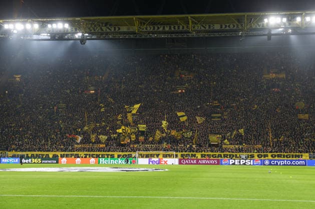 UEFA Champions League Borussia Dortmund Atalanta Bergamo on 17 02 2026 at Signal Iduna Park in Dortmund The Borussia Dortmund fans on the South Stand Suedtribuene with a protest banner Banner Transparent Atalanta and UEFA Tickets for every BVB Fan, regrdless of origin MH