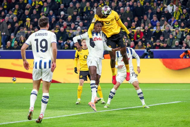 17 02 2026, Football, UEFA Champions League, Borussia Dortmund Atalanta Bergamo, BVB Stadion, Play Offs First Leg, Season 2025 2026 Goal Shot Goal Header Goal Header Goal to 1 0 by scorer Serhou Guirassy BVB 09 Regulations prohibit any use of photographs as image sequences and or quasi video North Rhine-Westphalia Germany