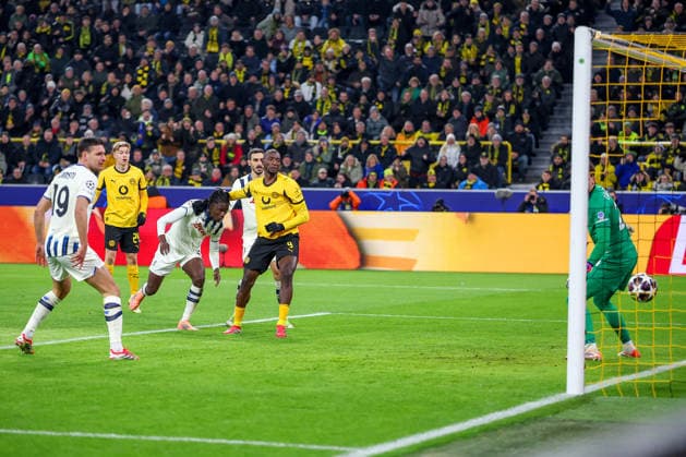17 02 2026, Football, UEFA Champions League, Borussia Dortmund Atalanta Bergamo, BVB Stadion, Play Offs First Leg, Season 2025 2026 Goal Shot Goal Header Goal Header Goal to 1 0 by scorer Serhou Guirassy BVB 09 Regulations prohibit any use of photographs as image sequences and or quasi video North Rhine-Westphalia Germany