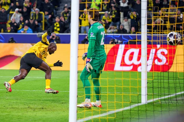 17 02 2026, Football, UEFA Champions League, Borussia Dortmund Atalanta Bergamo, BVB Stadion, Play Offs First Leg, Season 2025 2026 Goal Shot Goal Header Goal Header Goal to 1 0 by scorer Serhou Guirassy BVB 09 Regulations prohibit any use of photographs as image sequences and or quasi video North Rhine-Westphalia Germany