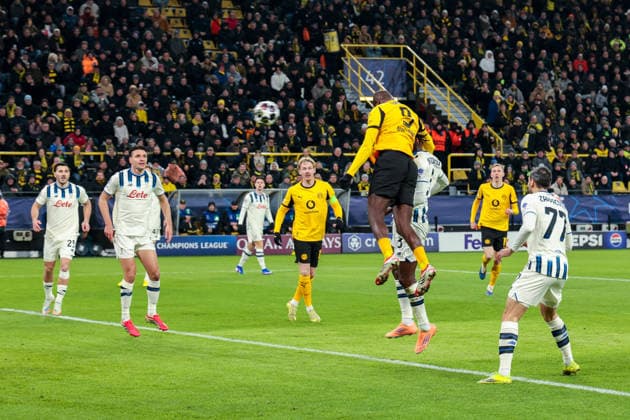 17 02 2026, Football, Season 2025 2026, UEFA Champions League, Play Offs, Round 1, Borussia Dortmund Atalanta Bergamo, Serhou Guirassy Borussia Dortmund scores 1 0 with a header, Dortmund Signal Iduna Park NRW Germany xRHR PHOTO DEx Copyright: DennisxEwert RHR-FOTOx RHR-FOTO DE