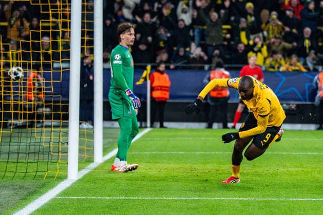 17 02 2026, Borussia Dortmund vs Atalanta Bergamo, UEFA Champions League, Playoffs Goal for 1 0 by Serhou Guirassy Borussia Dortmund, 9 Regulations prohibit any use of photographs as image sequences and or quasi video Copyright: xBahhoxKarax