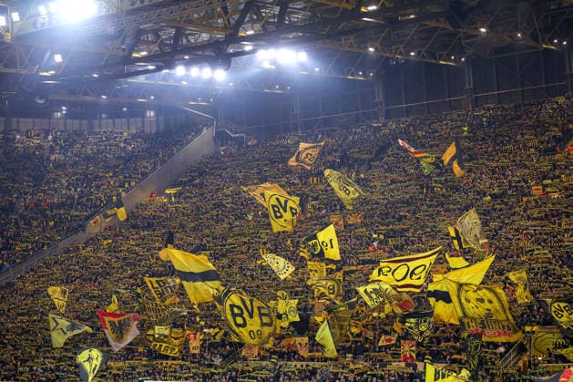 17 02 2026, Football, UEFA Champions League, Borussia Dortmund Atalanta Bergamo, BVB Stadion, Play Offs first leg, Season 2025 2026 The Yellow Wall Fans Spectators Visitors Fans Football Fans Scarf Parade Regulations prohibit any use of photographs as image sequences and or quasi video North Rhine-Westphalia Germany