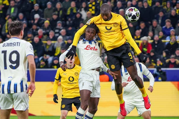 17 02 2026, Football, UEFA Champions League, Borussia Dortmund Atalanta Bergamo, BVB Stadion, Play Offs First Leg, Season 2025 2026 Goal Shot Goal Header Goal Header Goal to 1 0 by scorer Serhou Guirassy BVB 09 Regulations prohibit any use of photographs as image sequences and or quasi video North Rhine-Westphalia Germany
