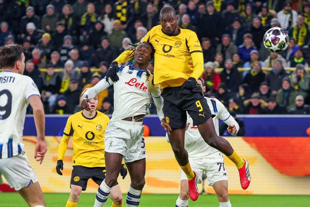 17 02 2026, Football, UEFA Champions League, Borussia Dortmund Atalanta Bergamo, BVB Stadion, Play Offs First Leg, Season 2025 2026 Goal Shot Goal Header Goal Header Goal to 1 0 by scorer Serhou Guirassy BVB 09 Regulations prohibit any use of photographs as image sequences and or quasi video North Rhine-Westphalia Germany