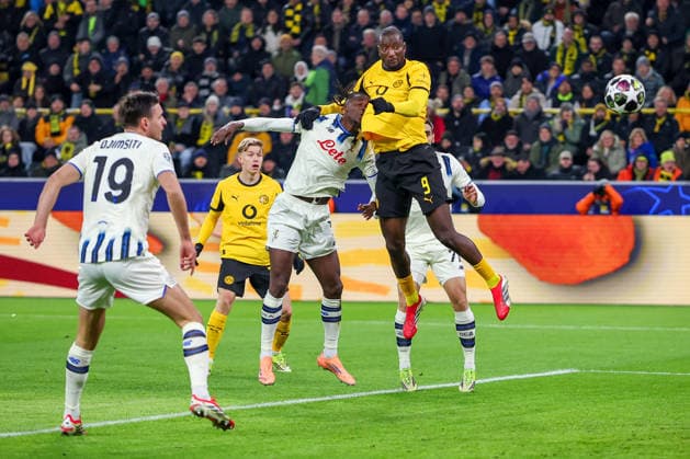 17 02 2026, Football, UEFA Champions League, Borussia Dortmund Atalanta Bergamo, BVB Stadion, Play Offs First Leg, Season 2025 2026 Goal Shot Goal Header Goal Header Goal to 1 0 by scorer Serhou Guirassy BVB 09 Regulations prohibit any use of photographs as image sequences and or quasi video North Rhine-Westphalia Germany
