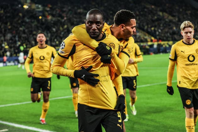 Sports, Football, UEFA Champions League Season 2025 2026 PlayOffs First leg Borussia Dortmund Atalanta Bergamo 17 02 2026, SIGNAL IDUNA PARK Goal celebration Borussia Dortmund after the goal to 1 0 by Serhou Guirassy Borussia Dortmund, 9 the scorer is happy with a message on his under shirt Dortmund SIGNAL IDUNA PARK Nordrhein Westfalen Germany