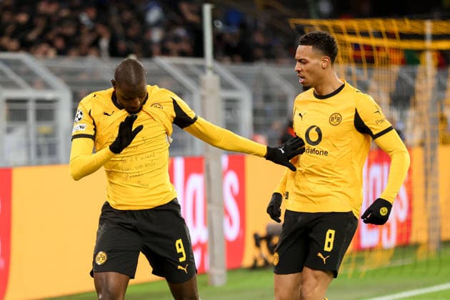 Goal celebration for 1 0 by Serhou Guirassy Borussia Dortmund with Felix Nmecha Borussia Dortmund GER, Borussia Dortmund vs Atalanta Bergamo, Football, Champions League, Play off, Season 2025 2026, 17 02 2026 GER, Borussia Dortmund vs Atalanta Bergamo, Football, Champions League, Play off, Season 2025 2026, 17 02 2026 Dortmund Copyright: xEibner-Pressefoto FrankxZeisingx EP_FZG