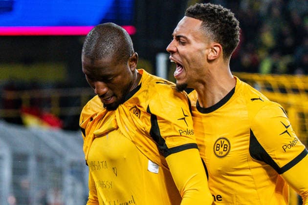17 02 2026, Borussia Dortmund vs Atalanta Bergamo, UEFA Champions League, Playoffs Goal for 1 0 by Serhou Guirassy Borussia Dortmund, 9 Regulations prohibit any use of photographs as image sequences and or quasi video Copyright: xBahhoxKarax