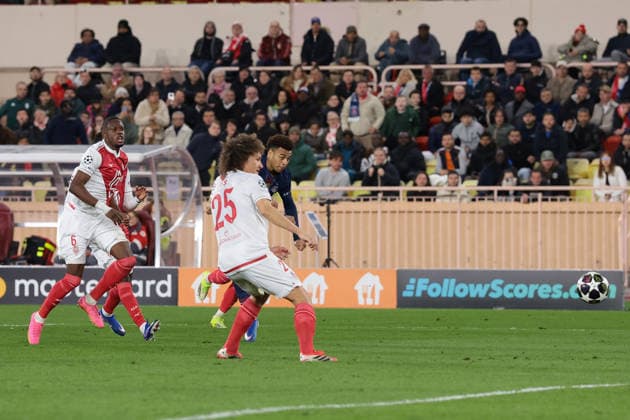 Monaco, Monaco, 17th February 2026. Desire Doue of PSG scores to pull a goal back and reduce the arrears to 2-1 during the AS Monaco vs Paris Saint Germain UEFA Champions League match at Stade Louis II, Monaco. Picture credit should read: Jonathan Moscrop Sportimage EDITORIAL USE ONLY. No use with unauthorised audio, video, data, fixture lists, club league logos or live services. Online in-match use limited to 120 images, no video emulation. No use in betting, games or single club league player publications. SPI_001_MONACO_PSG_UCL_ SPI-4526-0001