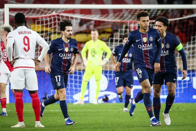 February 17, 2026, Monaco, France, Monaco: Desire DOUE of PSG celebrate his goal with MARQUINHOS of PSG and Vitor MACHADO FERREIRA (Vitinha) of PSG during the UEFA Champions League match between AS Monaco and Paris Saint-Germain at Louis II Stadium on February 17, 2026 in Monaco, Monaco. AS Monaco V Paris Saint-Germain - UEFA Champions League  - ZUMAm308 20260217_zsp_m308_009 Copyright: xMatthieuxMirvillex