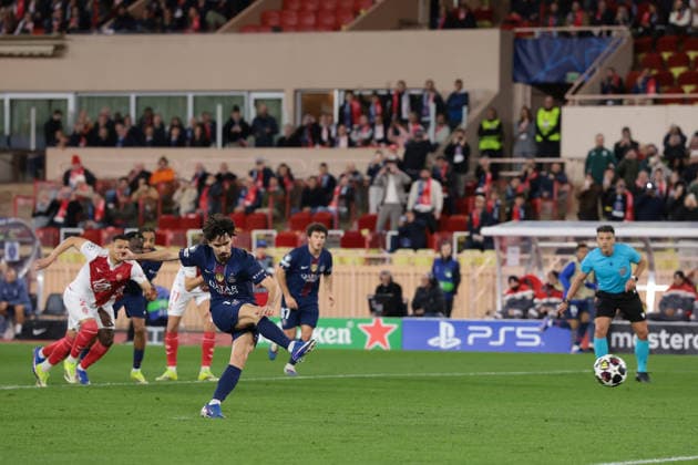 Monaco, Monaco, 17th February 2026. Vitinha of PSG takes a penalty only for the shot to be saved by Philipp Kohn of AS Monaco during the AS Monaco vs Paris Saint Germain UEFA Champions League match at Stade Louis II, Monaco. Picture credit should read: Jonathan Moscrop Sportimage EDITORIAL USE ONLY. No use with unauthorised audio, video, data, fixture lists, club league logos or live services. Online in-match use limited to 120 images, no video emulation. No use in betting, games or single club league player publications. SPI_003_MONACO_PSG_UCL_ SPI-4526-0003
