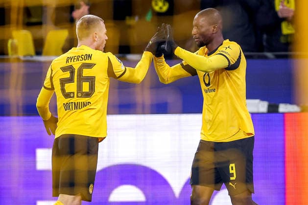 17 02 2026, Football, UEFA Champions League, Borussia Dortmund Atalanta Bergamo, BVB Stadion, Play Offs first leg, Season 2025 2026 Goal celebration after the goal to 1 0 by scorer Serhou Guirassy BVB 09 together with Julian Ryerson BVB 26 Regulations prohibit any use of photographs as image sequences and or quasi video Nordrhein Westfalen Germany