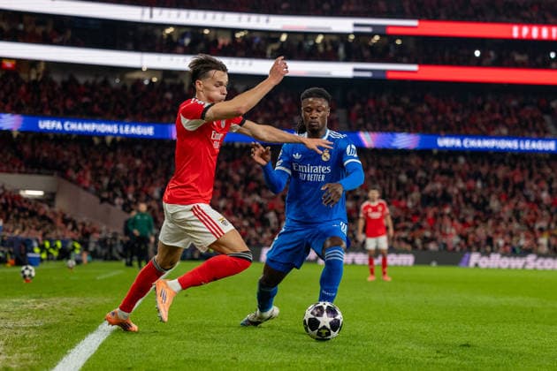Eduardo Camavinga and Amar Dedic seen during Champions League play off game between SL Benfica and Real Madrid CF (Maciej Rogowski Ball Raw Images) Lisbon Estadio da Luz Portugal Copyright: xMaciejxRogowskix ROG_BENvsRMA-102