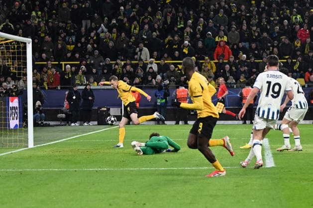 Maximilian Beier Borussia Dortmund scores his team™s second goal during the UEFA Champions League 2025 26, Play offs First Leg match between Borussia Dortmund and Atalanta Bergamo, BVB Stadion on February 17, 2026 in Dortmund, Germany Photo by Ralf Treese DeFodi Images Maximilian Beier Borussia Dortmund scores his team™s second goal during the UEFA Champions League 2025 26 League Knockout Play off First Leg match between Borussia Dortmund and Atalanta BC at BVB Stadion Dortmund on February 17, 2026 in Dortmund, Germany Photo by Ralf Treese DeFodi Images