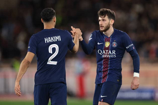 Monaco, Monaco, 17th February 2026. Achraf Hakimi of PSG celebrates with team mate Khvicha Kvaratskhelia after scoring to level the game at 2-2 during the AS Monaco vs Paris Saint Germain UEFA Champions League match at Stade Louis II, Monaco. Picture credit should read: Jonathan Moscrop Sportimage EDITORIAL USE ONLY. No use with unauthorised audio, video, data, fixture lists, club league logos or live services. Online in-match use limited to 120 images, no video emulation. No use in betting, games or single club league player publications. SPI_011_MONACO_PSG_UCL_ SPI-4526-0011