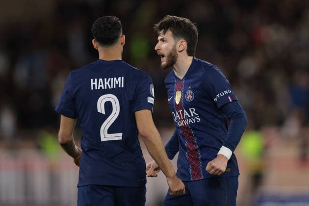 Monaco, Monaco, 17th February 2026. Achraf Hakimi of PSG celebrates with team mate Khvicha Kvaratskhelia after scoring to level the game at 2-2 during the AS Monaco vs Paris Saint Germain UEFA Champions League match at Stade Louis II, Monaco. Picture credit should read: Jonathan Moscrop Sportimage EDITORIAL USE ONLY. No use with unauthorised audio, video, data, fixture lists, club league logos or live services. Online in-match use limited to 120 images, no video emulation. No use in betting, games or single club league player publications. SPI_012_MONACO_PSG_UCL_ SPI-4526-0012
