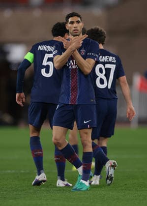 Monaco, Monaco, 17th February 2026. Achraf Hakimi of PSG celebrates after scoring to level the game at 2-2 during the AS Monaco vs Paris Saint Germain UEFA Champions League match at Stade Louis II, Monaco. Picture credit should read: Jonathan Moscrop Sportimage EDITORIAL USE ONLY. No use with unauthorised audio, video, data, fixture lists, club league logos or live services. Online in-match use limited to 120 images, no video emulation. No use in betting, games or single club league player publications. SPI_014_MONACO_PSG_UCL_ SPI-4526-0014