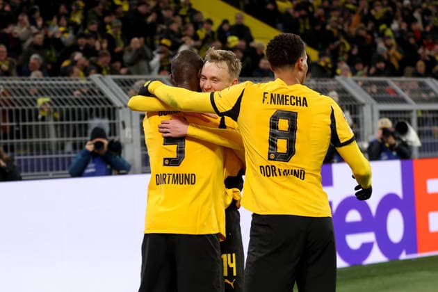 Goal celebration for 2 0 by Maximilian Beier Borussia Dortmund with Serhou Guirassy Borussia Dortmund , Felix Nmecha Borussia Dortmund GER, Borussia Dortmund vs Atalanta Bergamo, Football, Champions League, Play off, Season 2025 2026, 17 02 2026 GER, Borussia Dortmund vs Atalanta Bergamo, Football, Champions League, Play off, Season 2025 2026, 17 02 2026 Dortmund Copyright: xEibner-Pressefoto FrankxZeisingx EP_FZG
