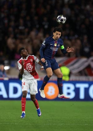 Monaco, Monaco, 17th February 2026. Marquinhos of PSG heads clear from Simon Adingra of AS Monaco during the AS Monaco vs Paris Saint Germain UEFA Champions League match at Stade Louis II, Monaco. Picture credit should read: Jonathan Moscrop Sportimage EDITORIAL USE ONLY. No use with unauthorised audio, video, data, fixture lists, club league logos or live services. Online in-match use limited to 120 images, no video emulation. No use in betting, games or single club league player publications. SPI_018_MONACO_PSG_UCL_ SPI-4526-0018