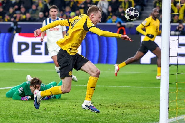 17 02 2026, Football, UEFA Champions League, Borussia Dortmund Atalanta Bergamo, BVB Stadion, Play Offs first leg, Season 2025 2026 Goal Scorer Maximilian Beier BVB 14 after an assist from Serhou Guirassy BVB 09 Regulations prohibit any use of photographs as image sequences and or quasi video Nordrhein Westfalen Germany