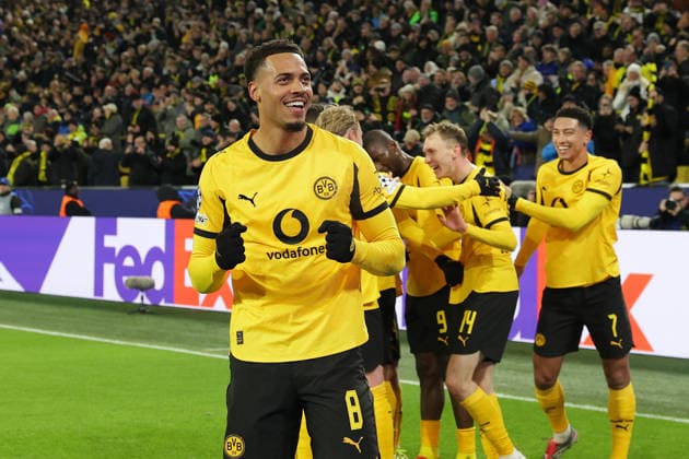 Dortmund, Germany, 17 02 26, Felix Nmecha Borussia Dortmund celebrates the 2 0 by Maximilian Beier Borussia Dortmund during the Champions League playoff match between Borussia Dortmund Atalanta Bergamo at Signal Iduna Park in Dortmund Photo by Joachim Bywaletz DFB DFL REGULATIONS PROHIBIT ANY USE OF PHOTOGRAPHS AS IMAGE SEQUENCES AND OR QUASI VIDEO Copyright: JoachimxBywaletz xJB-Sportfoto