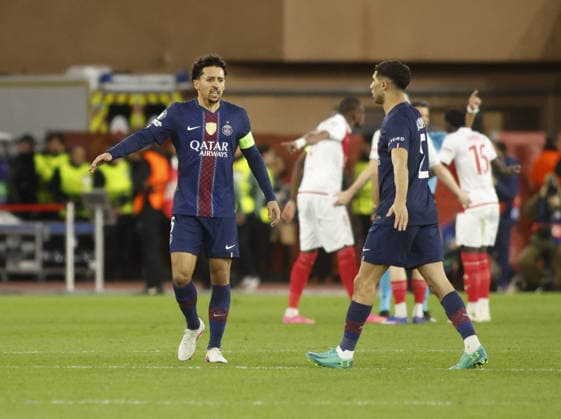 CALCIO - UEFA Champions League - AS Monaco vs PSG Marquinhos of FC Paris Saint-Germain and Achraf Hakimi of FC Paris Saint-Germainduring the Uefa Champions League, season 2025 2026, first leg play-off, football match between AS Monaco and FC Paris Saint-Germain on 17 February 2026 at Stade Louis II, Monaco. Photo Nderim Kaceli Monaco  Copyright: xIPAxSport ABACAx
