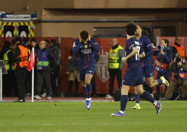 CALCIO - UEFA Champions League - AS Monaco vs PSG Desire Doue of FC Paris Saint-Germain celebrating after a goal during the Uefa Champions League, season 2025 2026, first leg play-off, football match between AS Monaco and FC Paris Saint-Germain on 17 February 2026 at Stade Louis II, Monaco. Photo Nderim Kaceli Monaco  Copyright: xIPAxSport ABACAx