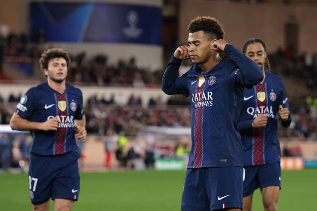 Monaco, Monaco, 17th February 2026. Desire Doue of PSG celebrates with team mates after scoring his second goal of the evening to give the visitors a 3-2 lead during the AS Monaco vs Paris Saint Germain UEFA Champions League match at Stade Louis II, Monaco. Picture credit should read: Jonathan Moscrop Sportimage EDITORIAL USE ONLY. No use with unauthorised audio, video, data, fixture lists, club league logos or live services. Online in-match use limited to 120 images, no video emulation. No use in betting, games or single club league player publications. SPI_023_MONACO_PSG_UCL_ SPI-4526-0023