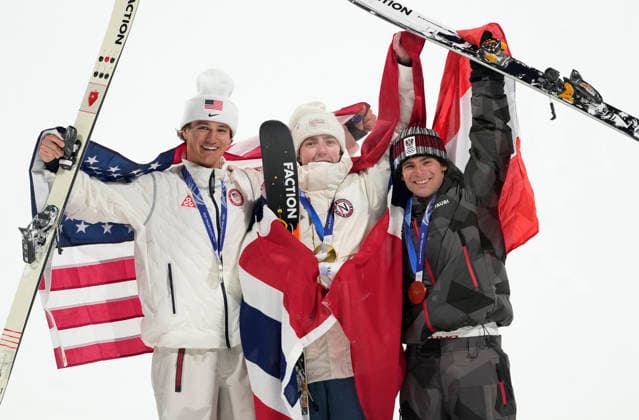 Gold medalist Tormod Frostad of Norway (C), silver medalist Mac Forehand of the United States (L), and bronze medalist Matej Svancer of Austria pose on the podium after the Men s Freestyle Skiing Big Air competition at the Milano Cortina 2026 Winter Olympic Games, Olympische Spiele, Olympia, OS in Livigno, Italy, on Tuesday, February 17, 2026.  OLY20260217803 BOBxSTRONG