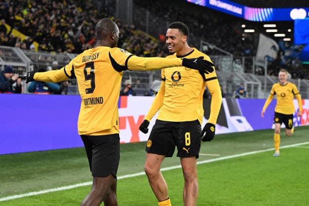 Serhou Guirassy Borussia Dortmund and Felix Nmecha Borussia Dortmund celebrates, celebrating after scoring the 2-0 goal during the UEFA Champions League 2025 26, play offs, first leg match between Borussia Dortmund and Atalanta Bergamo, BVB Stadion on February 17, 2026 in Dortmund, Germany, Germany Photo by Ralf Treese DeFodi Images Serhou Guirassy Borussia Dortmund and Felix Nmecha Borussia Dortmund celebrates, celebrating during the UEFA Champions League 2025 26 League Knockout Play off First Leg match between Borussia Dortmund and Atalanta BC at BVB Stadion Dortmund on February 17, 2026 in Dortmund, Germany Photo by Ralf Treese DeFodi Images