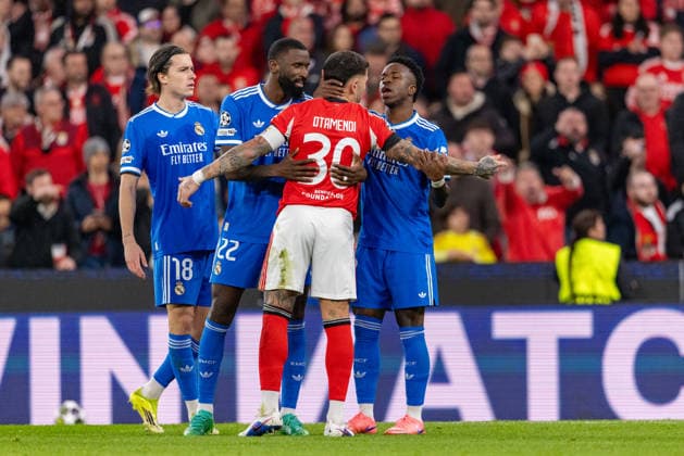 Vinicius Vini Jr, Nicolas Otamendi, Antonio Rudiger and Alvaro Carreras seen during Champions League play off game between SL Benfica and Real Madrid CF (Maciej Rogowski Ball Raw Images) Lisbon Estadio da Luz Portugal Copyright: xMaciejxRogowskix ROG_BENvsRMA-181
