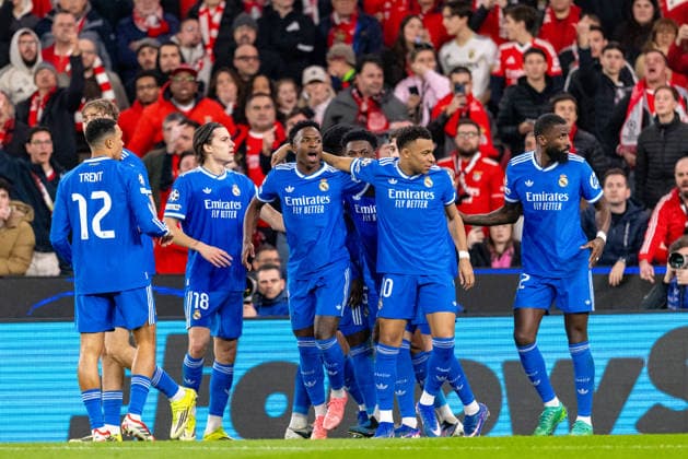 Vinicius Vini Jr, Kylian Mbappe, Nicolas Otamendi, Antonio Rudiger and Trent Alexander Arnold and Arda Guler seen during Champions League play off game between SL Benfica and Real Madrid CF (Maciej Rogowski Ball Raw Images) Lisbon Estadio da Luz Portugal Copyright: xMaciejxRogowskix ROG_BENvsRMA-186