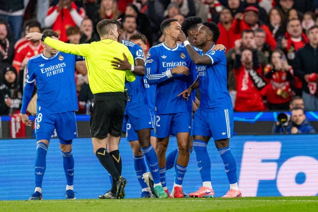 Vinicius Vini Jr, Nicolas Otamendi, Antonio Rudiger and Trent Alexander Arnold and Arda Guler seen during Champions League play off game between SL Benfica and Real Madrid CF (Maciej Rogowski Ball Raw Images) Lisbon Estadio da Luz Portugal Copyright: xMaciejxRogowskix ROG_BENvsRMA-185
